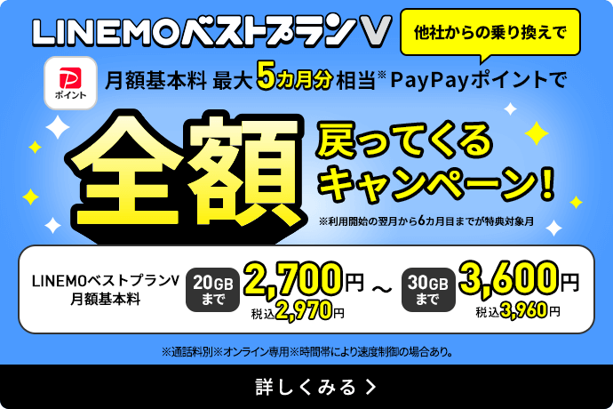 LINEMOベストプランV 最大5カ月分基本料全額戻ってくるキャンペーン