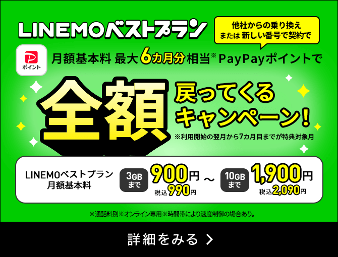 LINEMOベストプラン 最大6カ月分基本料全額戻ってくるキャンペーン