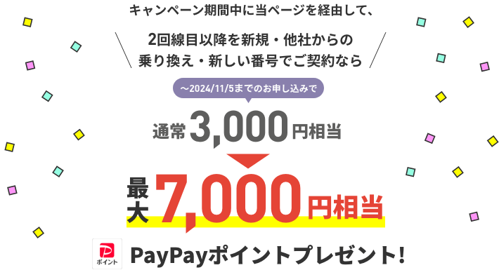 キャンペーン期間中に当ページを経由して、2回線目以降を他社からの乗り換えでご契約なら 最大7,000円相当 PayPayポイントプレゼント