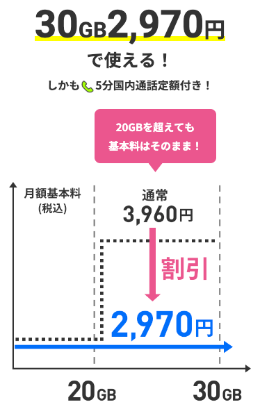 月額基本料（税込） 通常3,960円/月を2,970円に割引