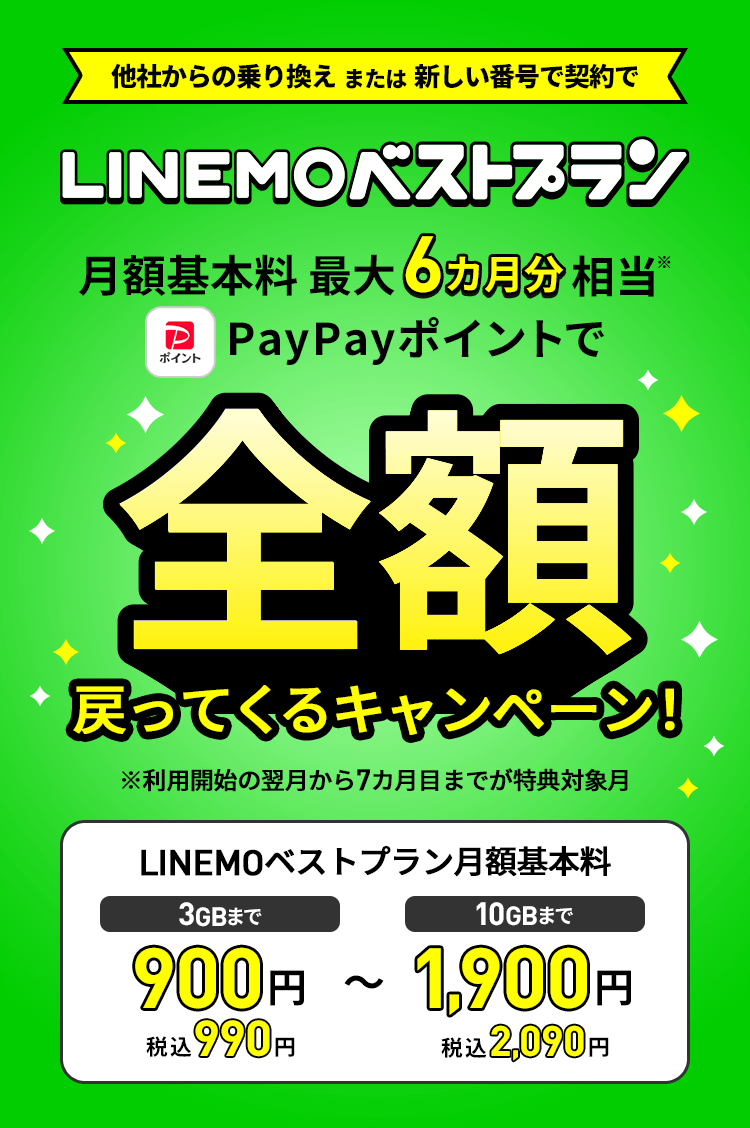 キャンペーン期間中にLINEMOの「LINEMOベストプラン」に契約すると、他社からの乗り換えまたは新しい番号で契約で基本料最大6カ月分、全額をPayPayポイントでプレゼントします。