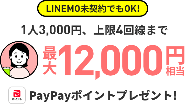 LINEMOを紹介する方 LINEMO未契約でもOK! 1人3,000円、上限4回線まで 最大12,000円相当 PayPayポイントプレゼント!