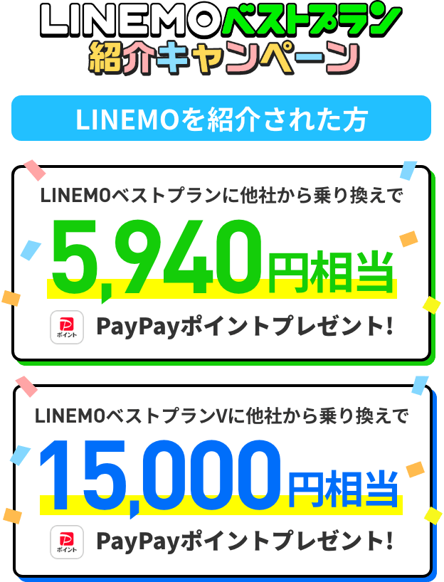 LINEMOベストプラン紹介キャンペーン LINEMOを紹介された方 LINEMOベストプランに他社から乗り換えで 5,940円 PayPayポイントプレゼント！  LINEMOベストプランVに他社から乗り換えで 15,000円相当 PayPayポイントプレゼント！