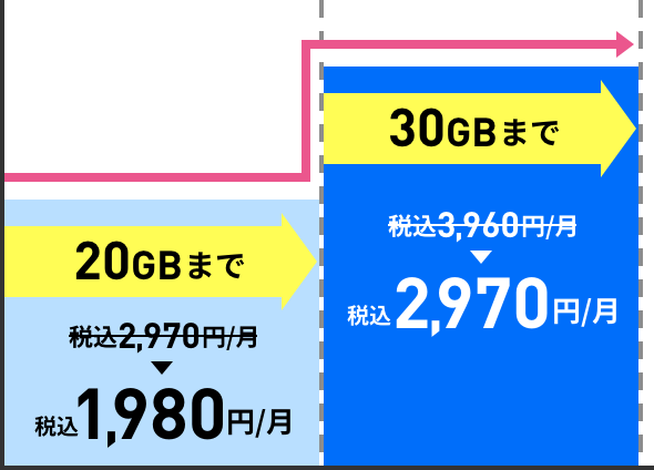 8カ月目〜(20GB~30GBの場合)基本料3,600円/月 税込3,960円を基本料2,700円/月 税込2,970円に翌月から6カ月間割引