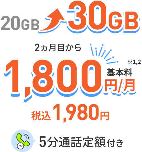 20GBから30GB 2カ月目から月額基本料1,800円 税込み1,980円