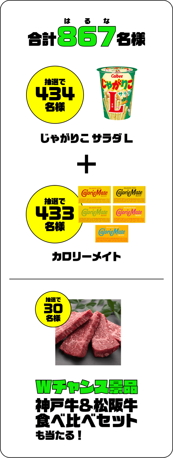 合計867名様 抽選で434名様 じゃがりこサラダ L ＋ 抽選で433名様 カロリーメイト 抽選で30名様 Wチャンス景品 神戸牛＆松阪牛食べ比べセットも当たる！