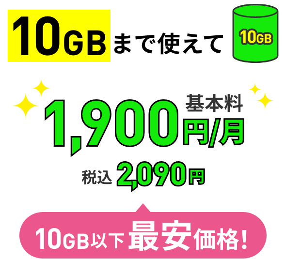 10GBまで使えて 10GB以下最安価格！ 基本料1,900円/月 税込2,090円