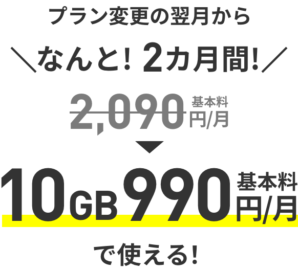 プラン変更の翌月から なんと! 2カ月間！ 10GB基本料1月当たり990円で使える！